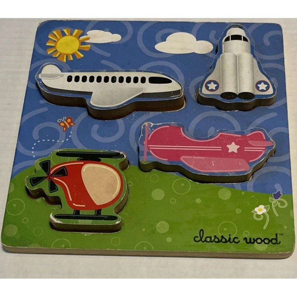 Kids 4 Piece Wooden Puzzle Plain Helicopter Car Boat Chunky